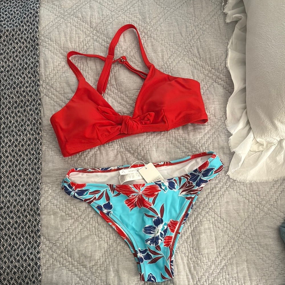 Red Bikini Top with bow and Floral Bottom Set